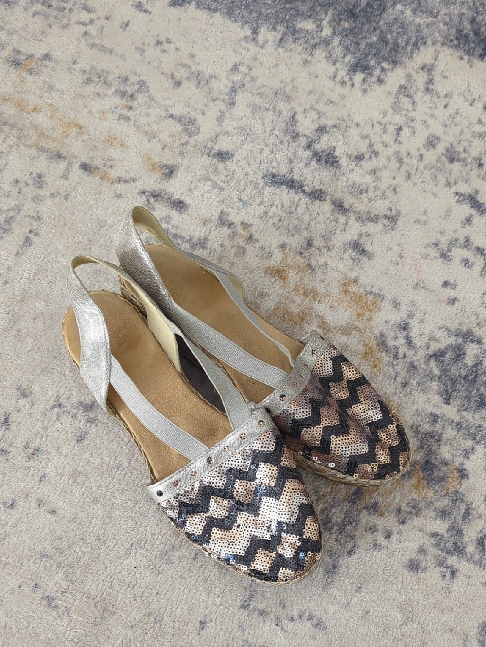 Reiker Metallic Silver Slingback Espadrille Flats with Chevron Sequin Detail